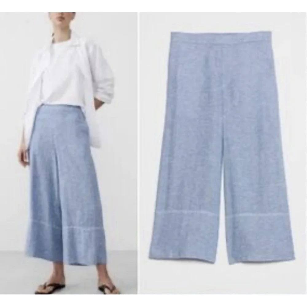 NWT Banana Republic Blue Linen Crop Wide Leg Pants Beach Summer Trouser Sz M